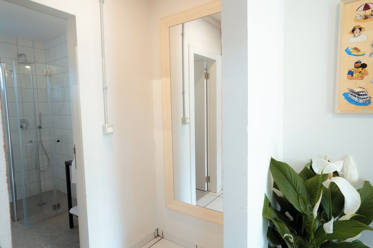 A modern bathroom with a glass shower enclosure, a large mirror, and a potted plant.
