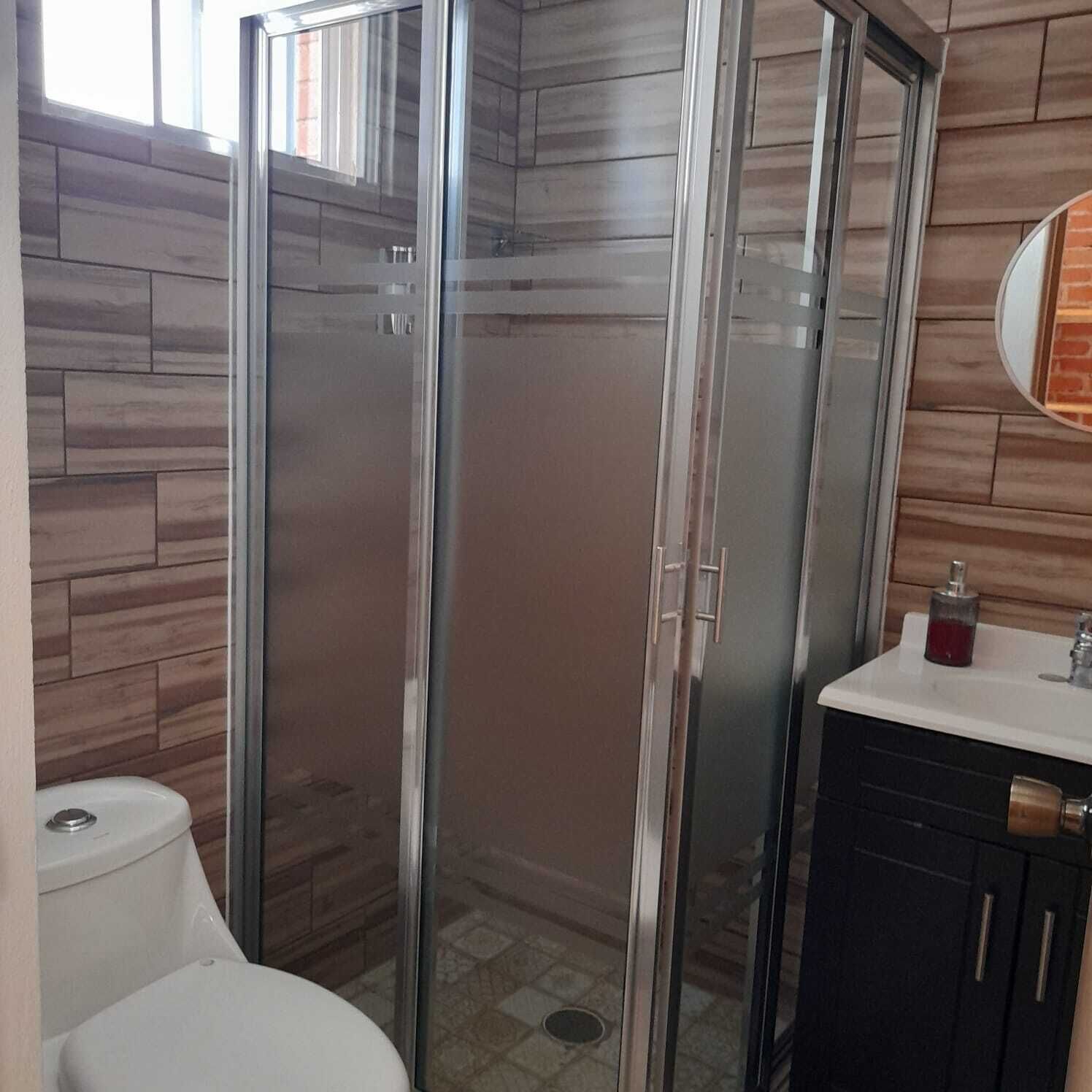A bathroom with a glass-enclosed shower, a white toilet, and a dark cabinet with a mirror above it.