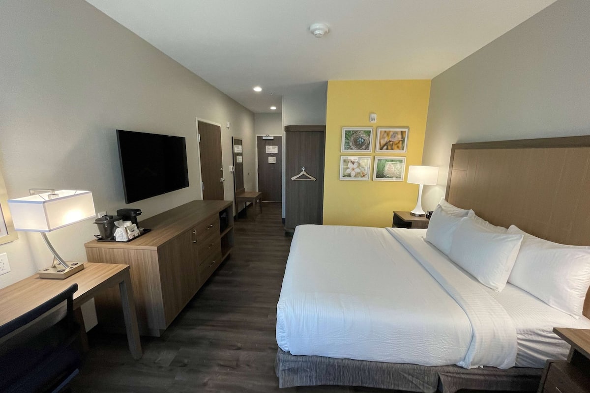 Een hotelkamer met een groot bed, een bureau met lamp, een televisie en een kitchenette.