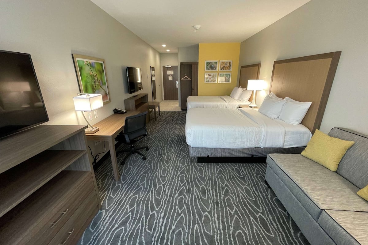 Een hotelkamer met twee bedden, een televisie, een bureau met lamp, een bank en een kamerbreed tapijt met dessin.