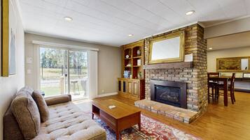 Télévision, cheminée, lecteur de DVD, vidéothÚque