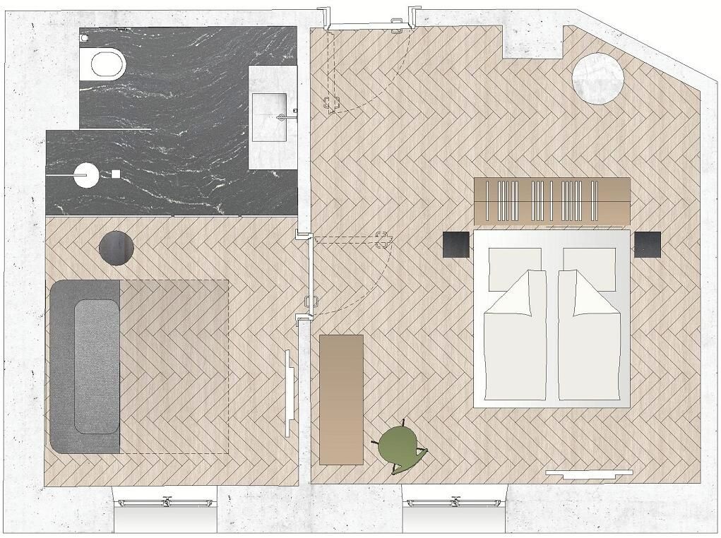 A floor plan of a hotel with a bathroom, a seating area, and a large double door entrance.