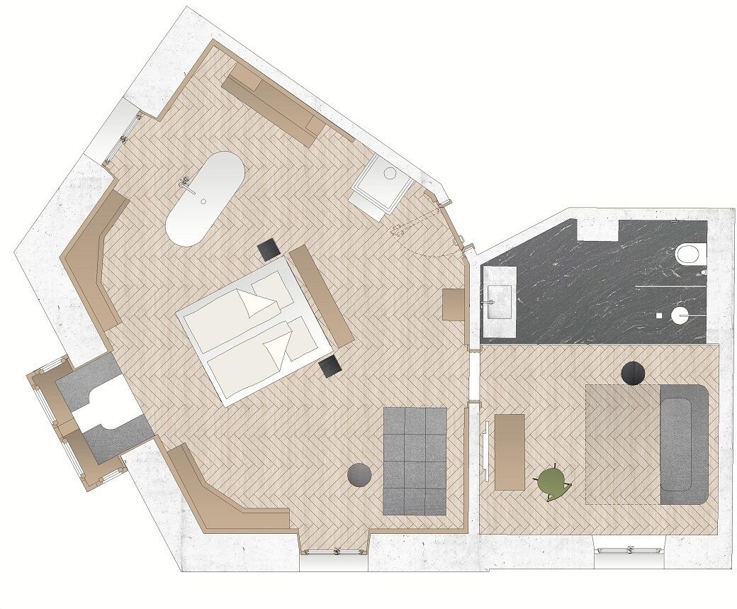 A floor plan of a hotel with a swimming pool, a gym, and a separate dining area.