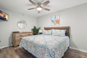 Une chambre à coucher avec un lit, un ventilateur de plafond, une télévision, un miroir et une plante.