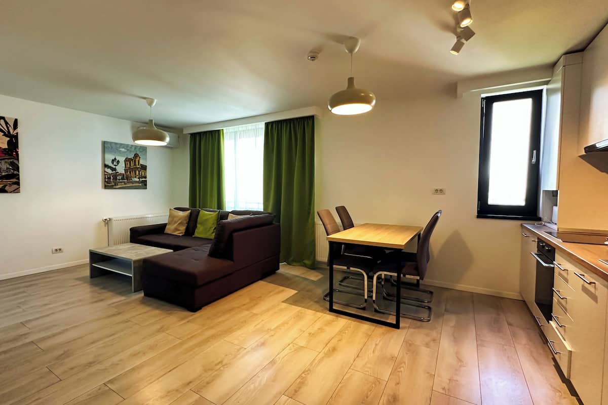 A modern apartment with a living area, dining space, and kitchenette.