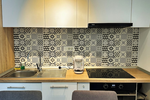 Apartemen Kota, 1 Tempat Tidur King dengan tempat tidur Sofa, Bebas Asap Rokok, dapur | Dapur pribadi | Lemari es besar, oven, kompor, dan mesin pencuci piring