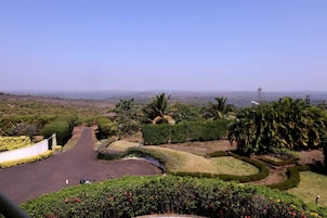 A landscaped area with a curved driveway, palm trees, and a view of distant hills.