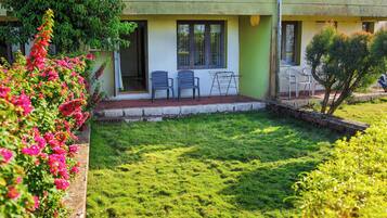 Un edificio con fachada verde, un pequeño patio con dos sillas y una zona ajardinada.
