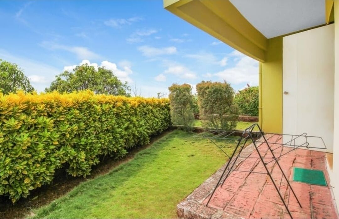 Un jardín bien cuidado con un seto recortado, césped y un sendero de ladrillo que conduce a un edificio de color amarillo.