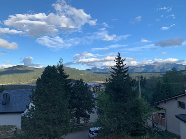 A residential area with houses, a lake, and mountains in the background.
