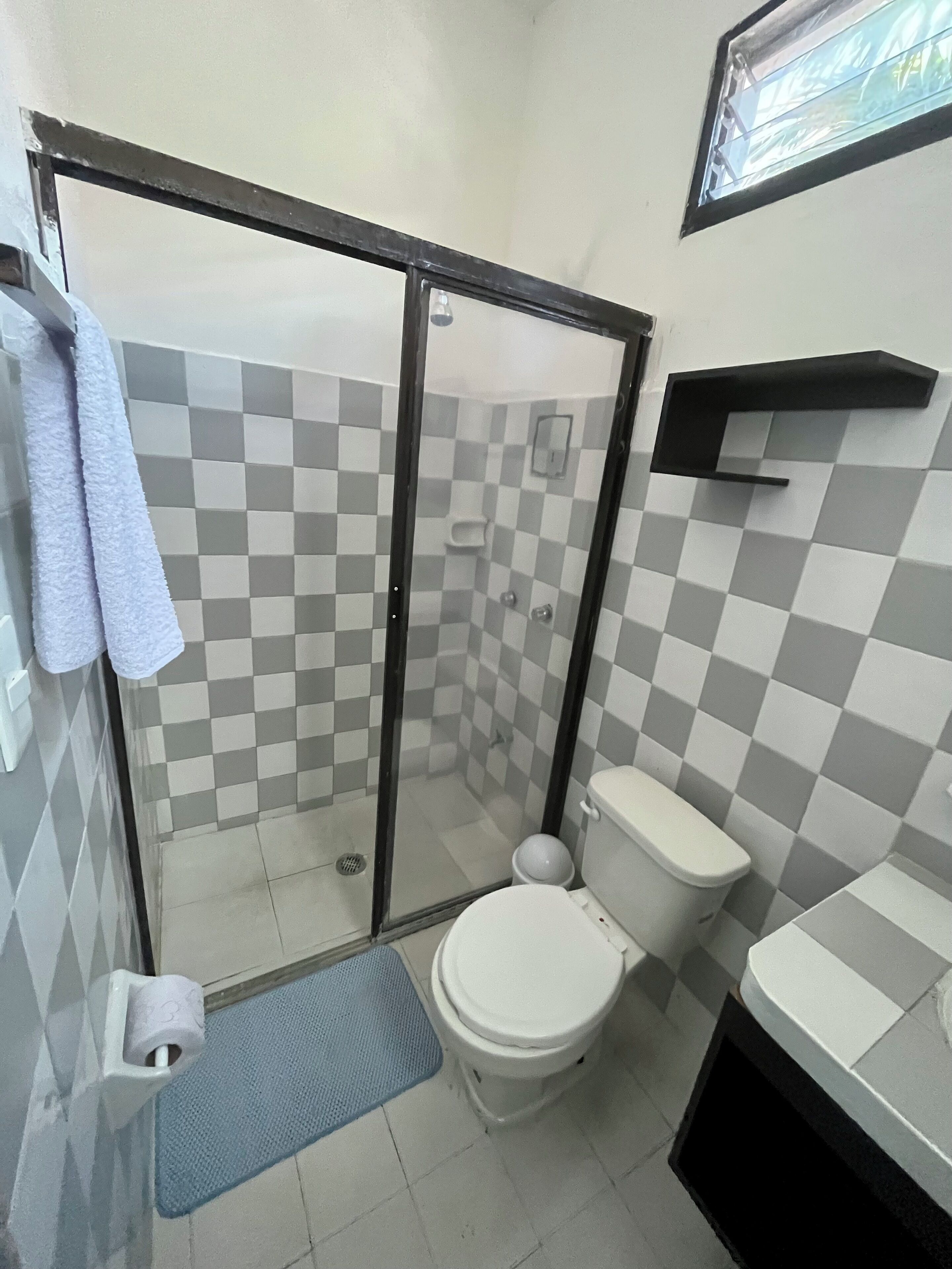 A bathroom with a checkered tile wall, a toilet, a shower with a glass door, a towel rack, and a shelf above the toilet.