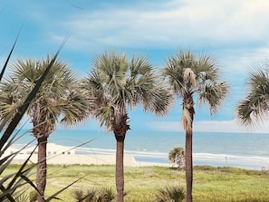 On the beach, sun-loungers, beach towels