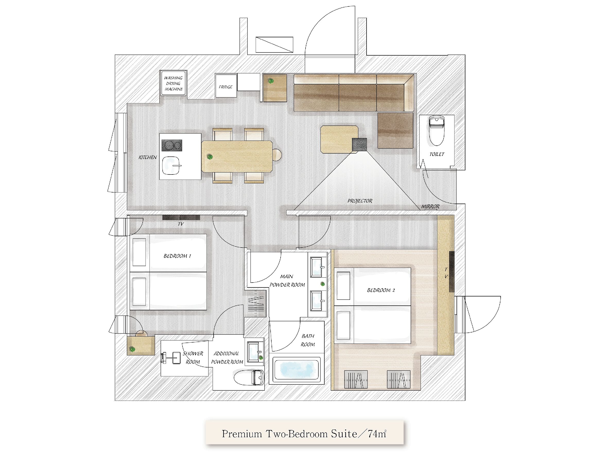 A floor plan of a two-bedroom suite with a kitchen, dining area, two bedrooms, a bathroom, a powder room, and a shower room.