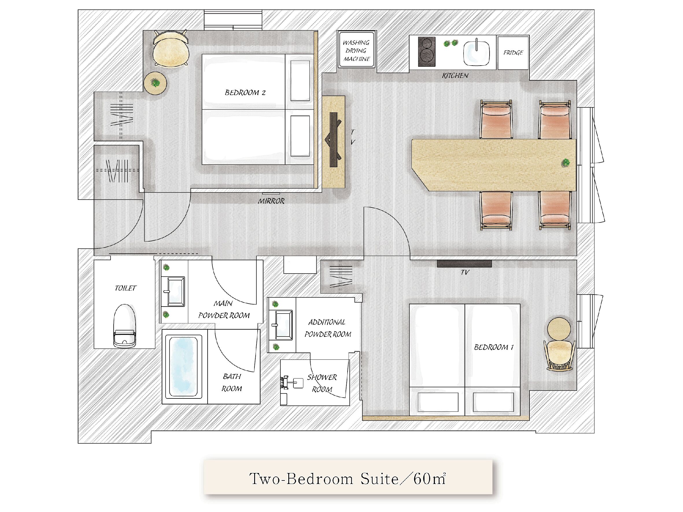 Grundriss einer Zwei-Zimmer-Suite mit Küche, zwei Schlafzimmern, einem Badezimmer, einem Gäste-WC und einem Duschraum sowie einem Fernseher.