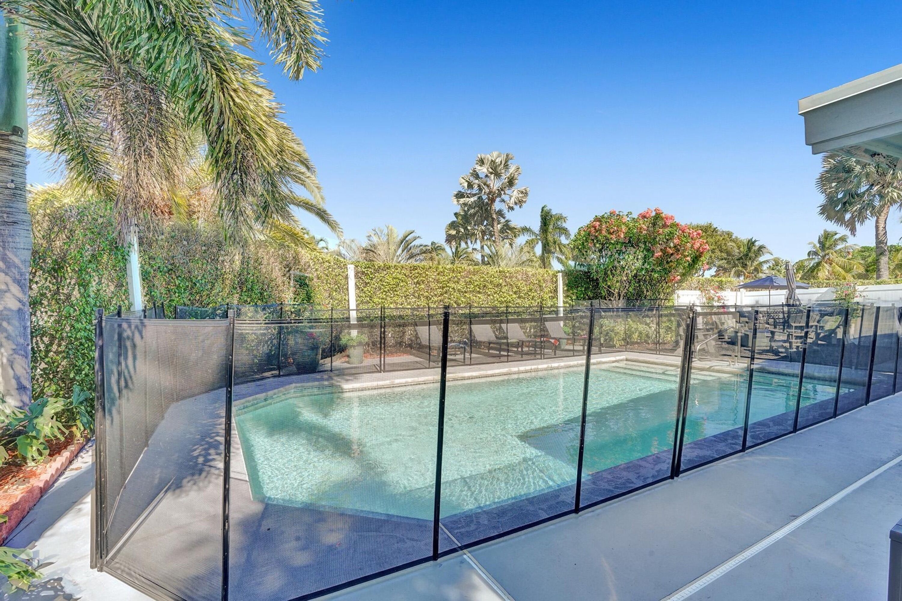 A swimming pool with a glass enclosure, surrounded by palm trees and a hedge.