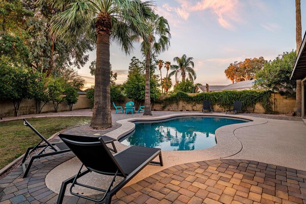 Un jardin avec une piscine, des chaises longues et des palmiers.