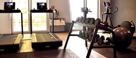 A gym with treadmills, a weight bench, dumbbells, and a stationary bike.