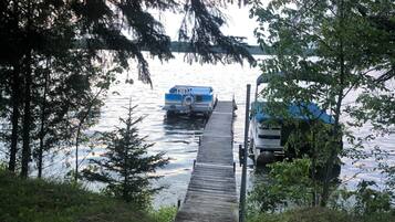 A dock leading to a boat on a calm body of water, surrounded by trees.