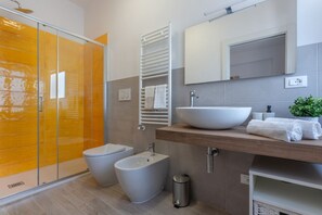 Shower, hair dryer, bidet, towels