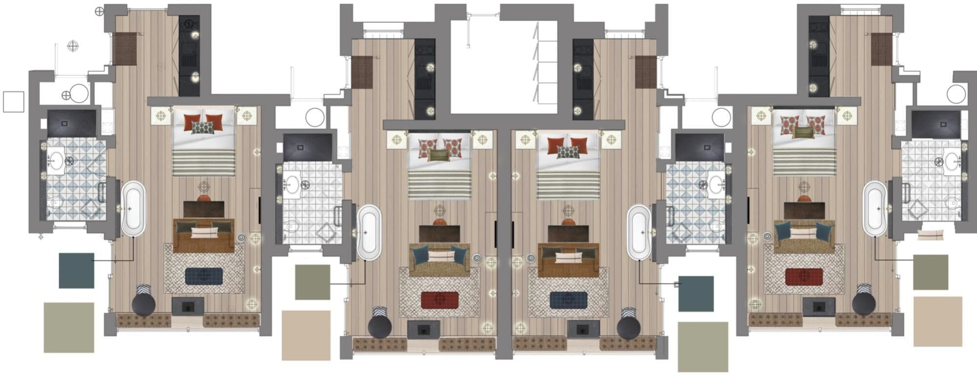 En planløsning af et hotel med flere værelser, badeværelser og et centralt opholdsområde.