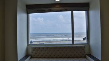 Premium bedding, memory-foam beds, desk, laptop workspace