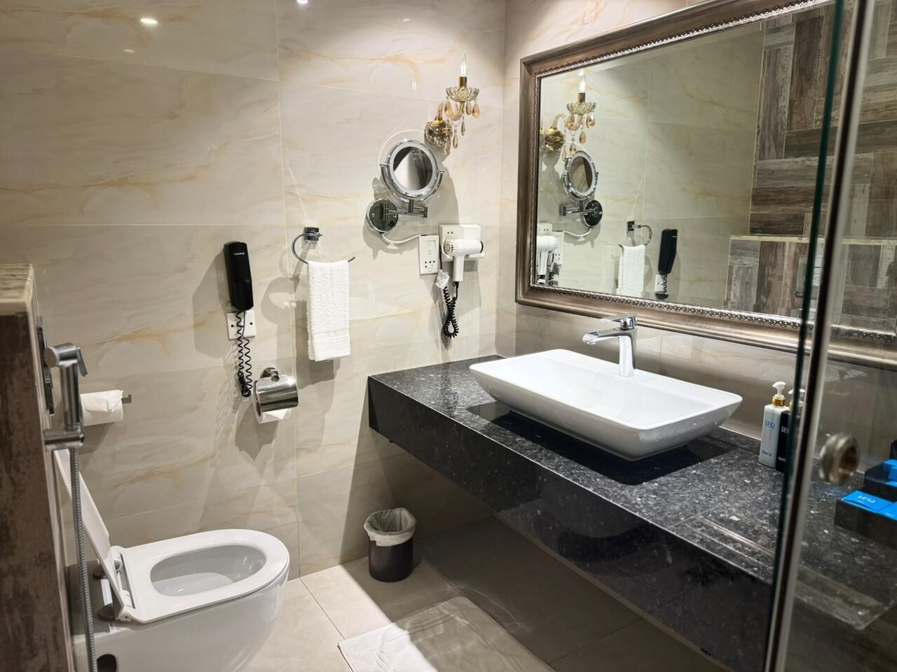 Une salle de bain moderne avec un lavabo blanc, un grand miroir, une douchette à main et des toilettes.