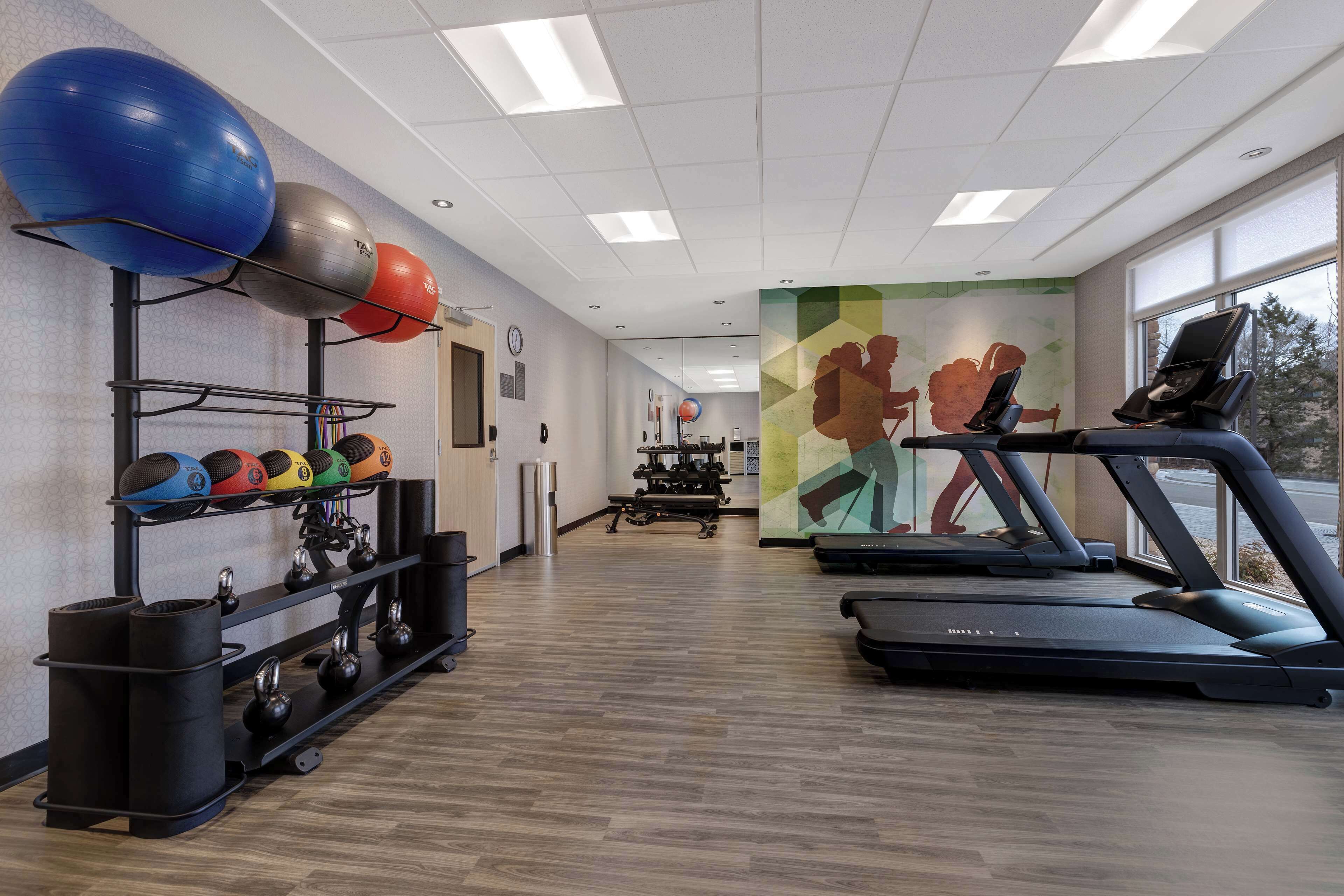 Ein Fitnessraum mit Trainingsgeräten, Laufband und Wandgem älde.