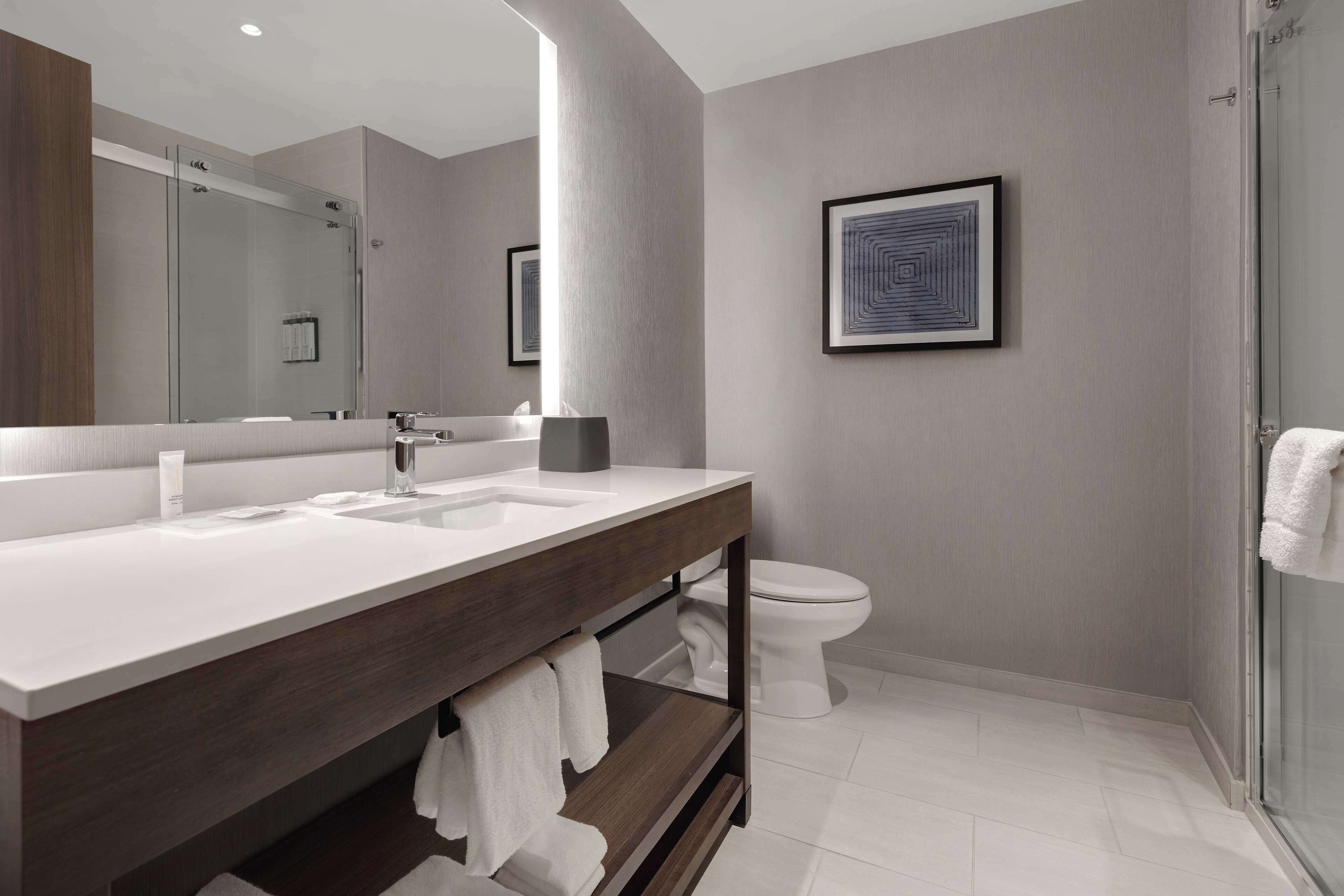 A modern bathroom with a large mirror, dual sinks, a toilet, and a shower area.
