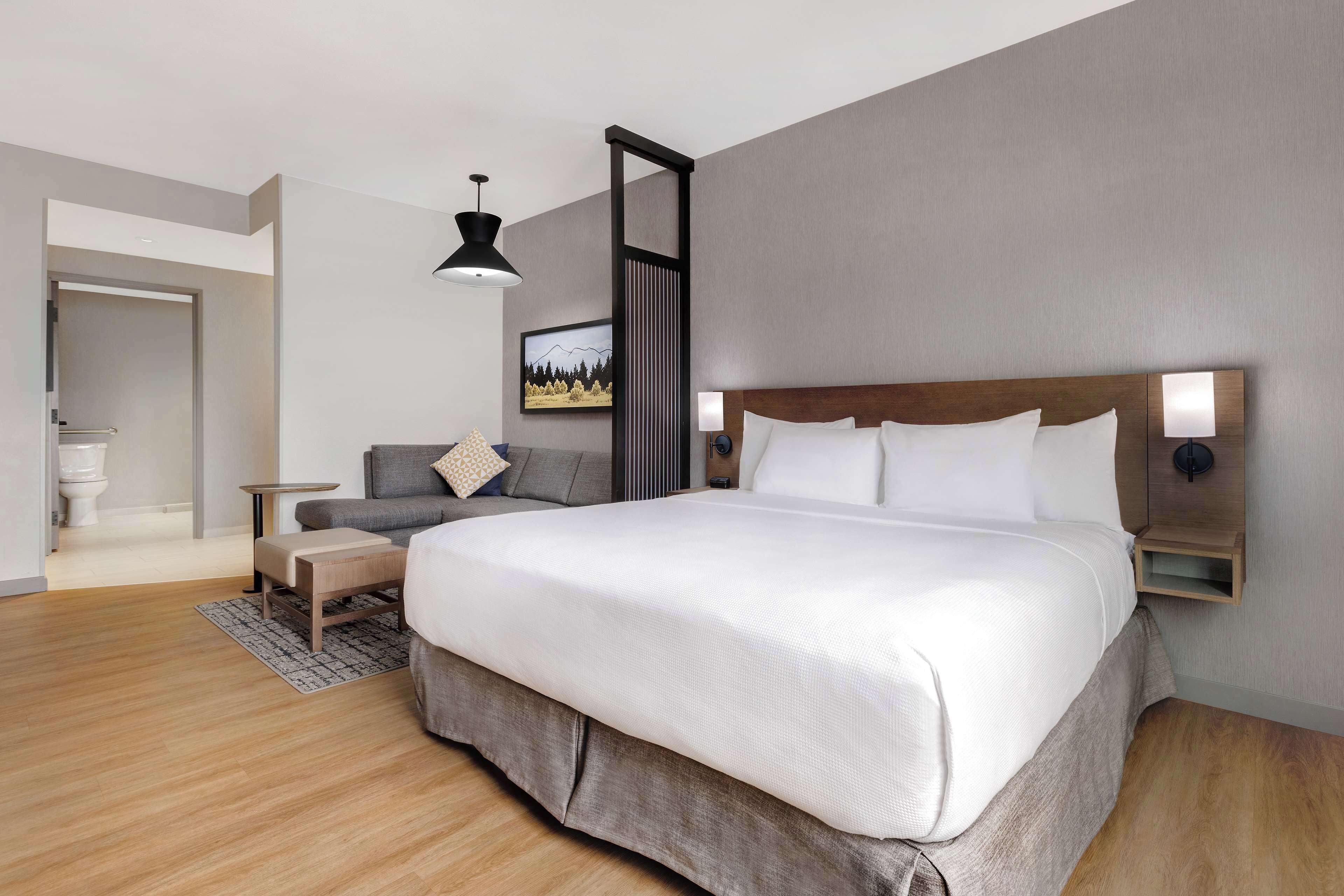 A modern hotel room with a large bed, a bedside table, a nightstand, a sofa, and a view of the outdoors.