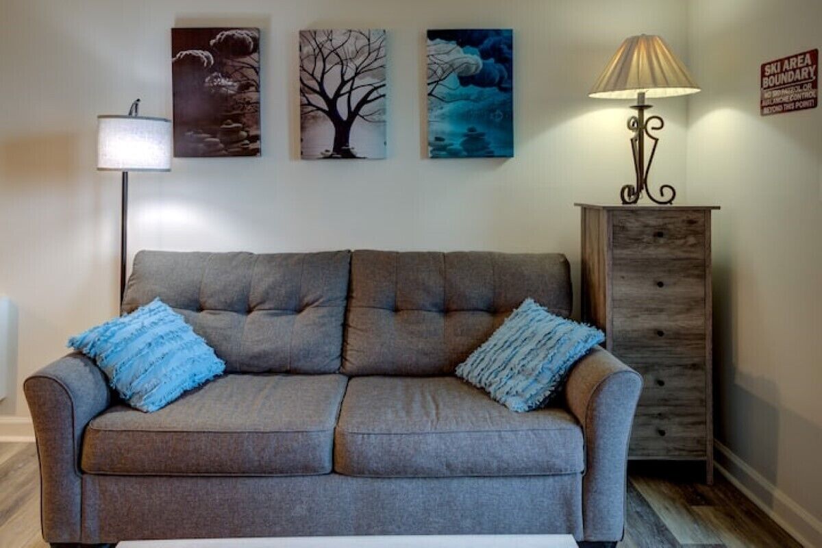 Un salon avec un canapé gris, deux coussins bleus, une lampe sur pied et trois tableaux accrochés au mur.