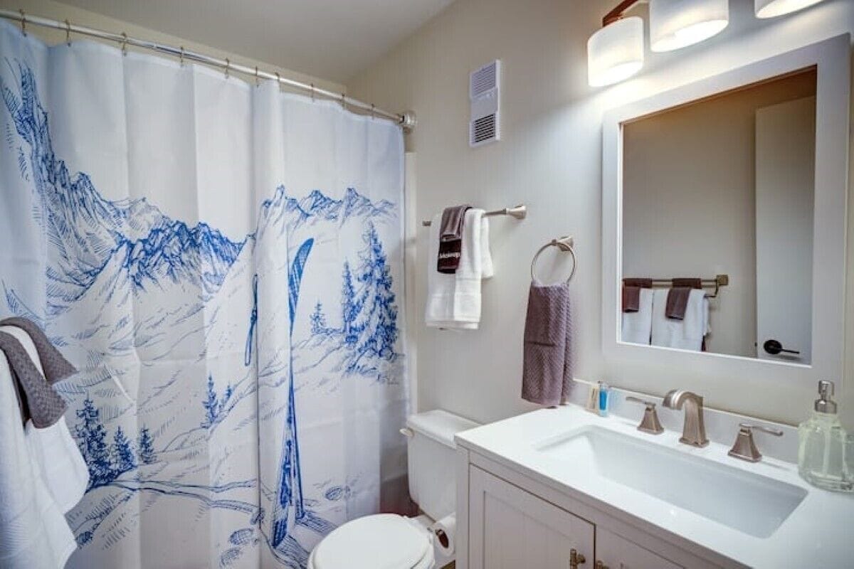 A bathroom with a shower curtain depicting a mountain landscape, a toilet, a sink with a mirror, and towels on the wall.