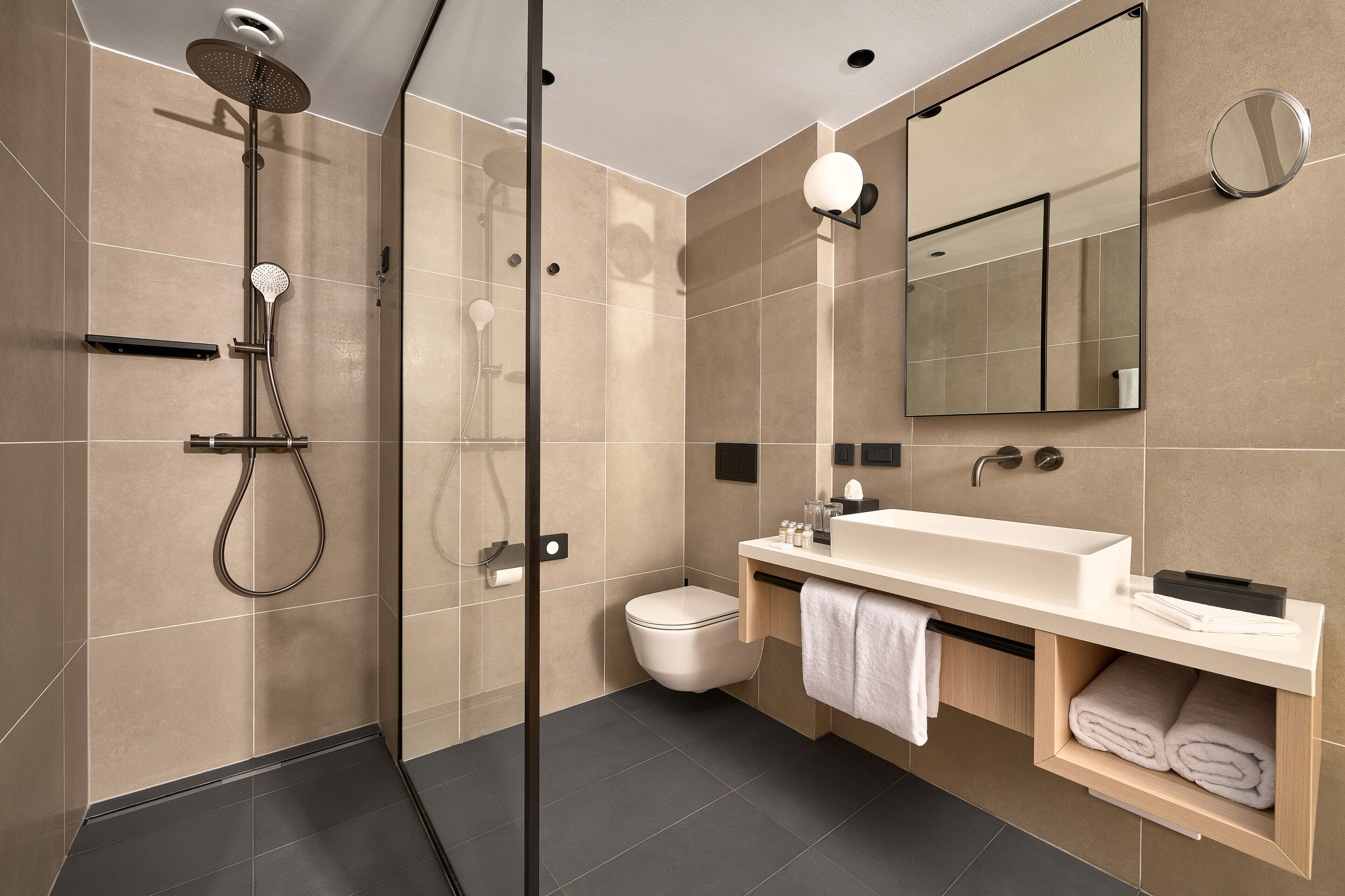 A modern bathroom with a glass-enclosed shower, a toilet, a sink with a towel rack, and a mirror.