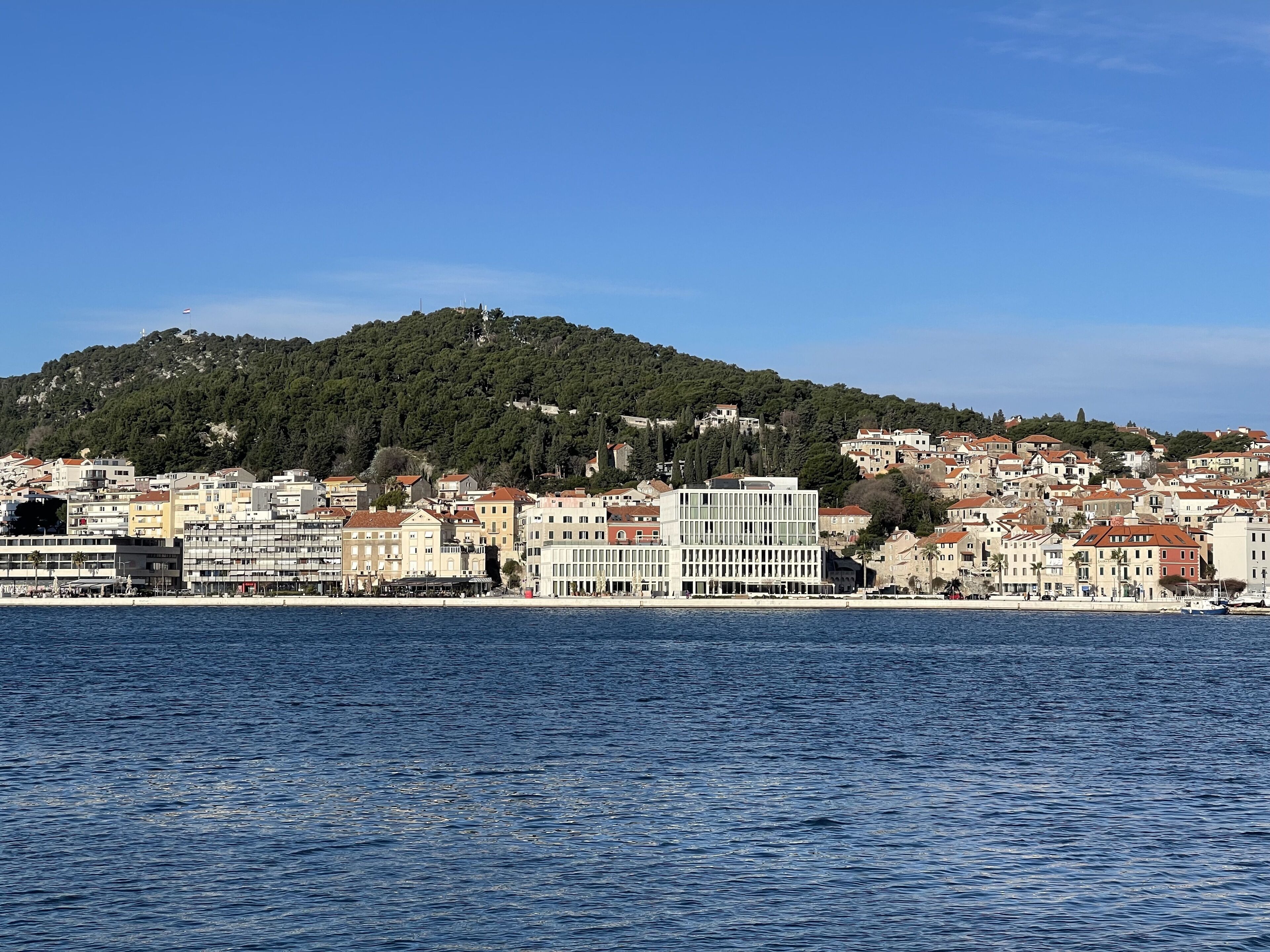 A coastal cityscape with buildings along the waterfront, a hill with dense greenery, and a clear blue sky.