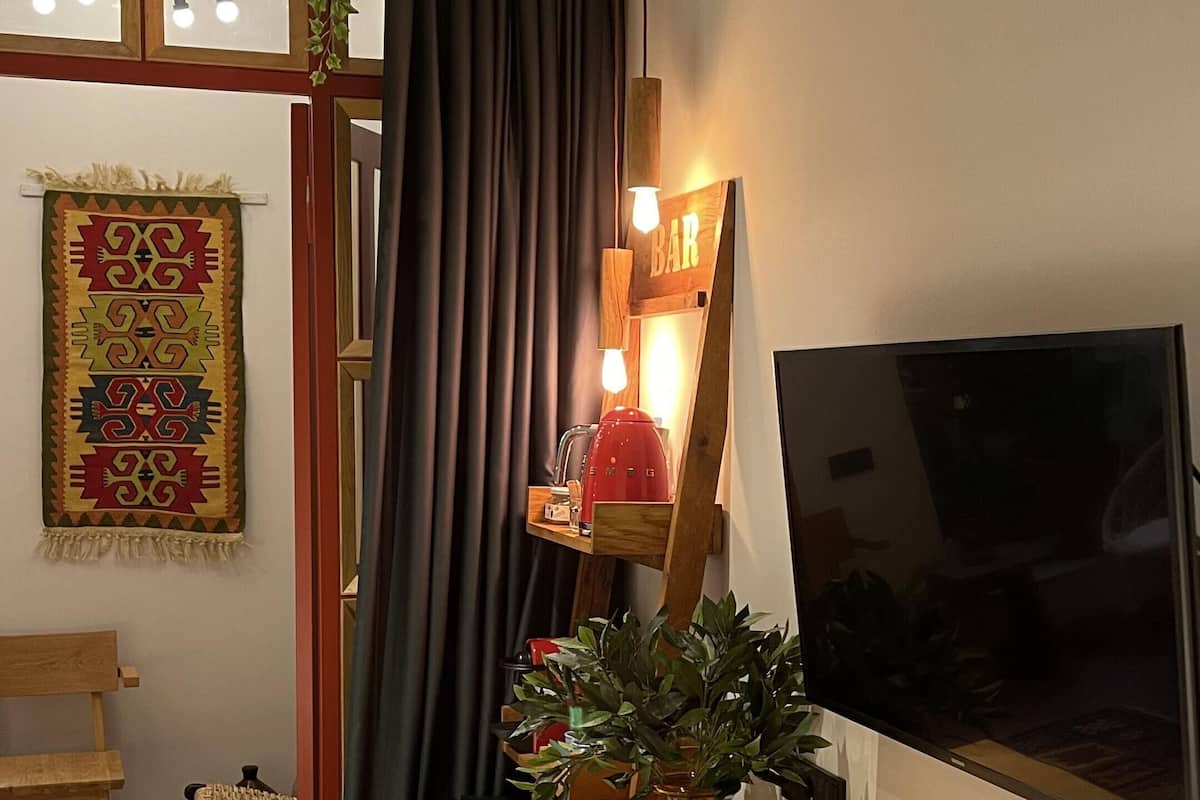 A cozy room with a wooden table, a TV, a window with curtains, a plant, and a wall-mounted shelf with a kettle.