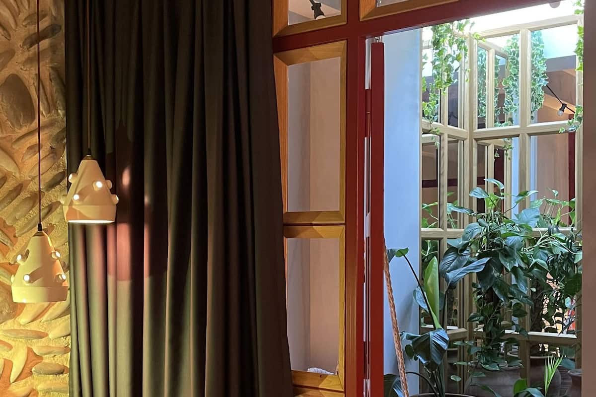 A room with a bed, a wooden nightstand, a macramé chair, a macramé hanging chair, a large window with a view of greenery, and a patterned rug.