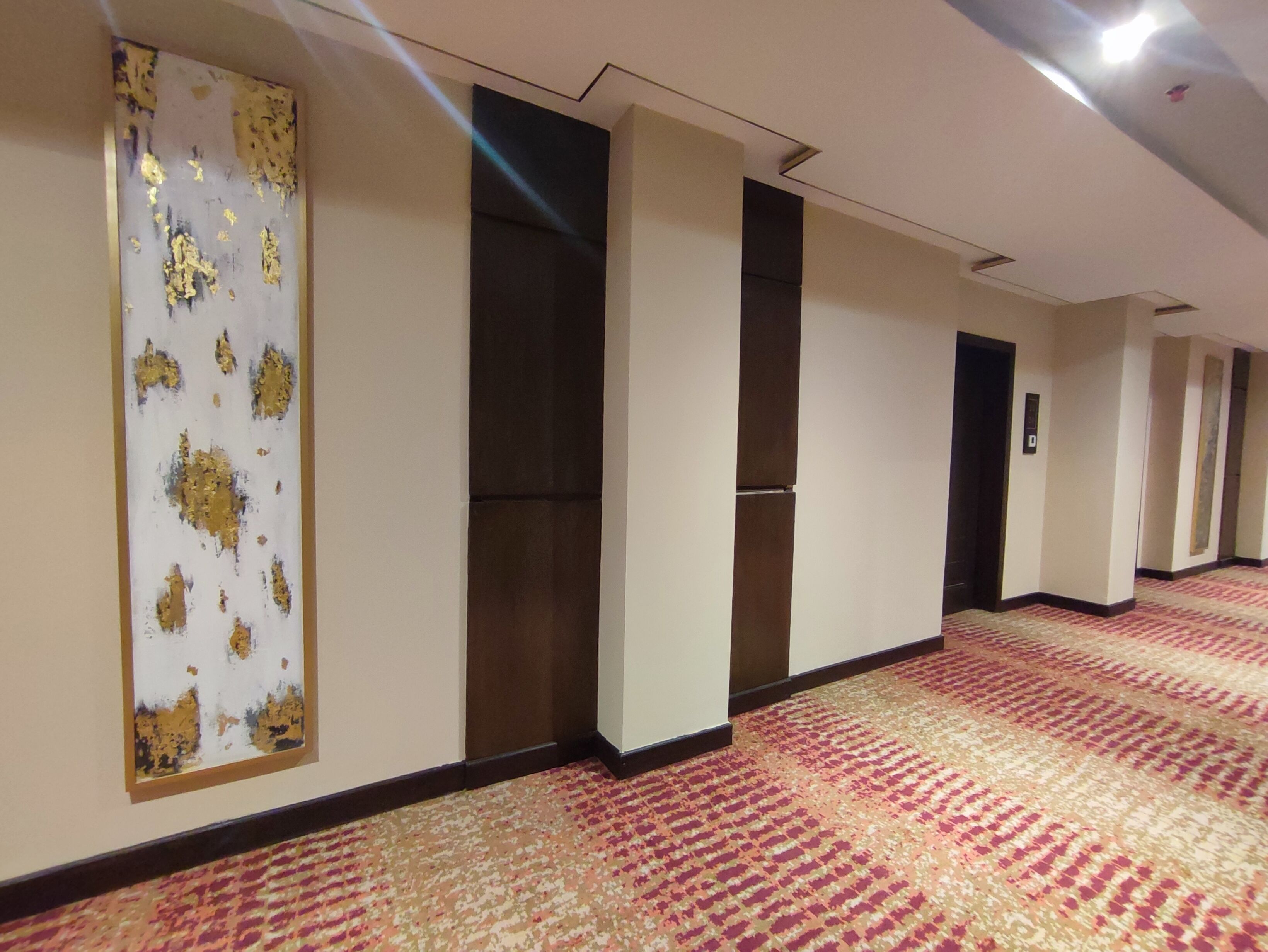 A hotel corridor with patterned carpet, dark wooden doors, and a large decorative wall piece.