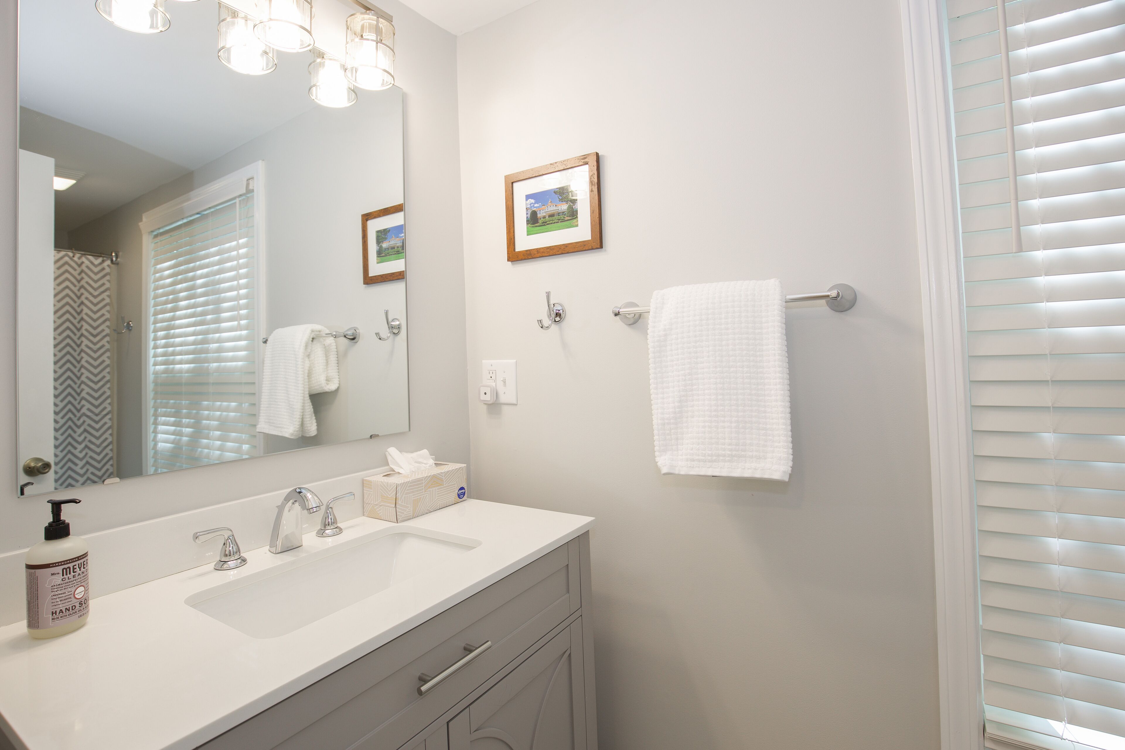 A bathroom with a white sink, a mirror, a towel rack, and a framed picture on the wall.