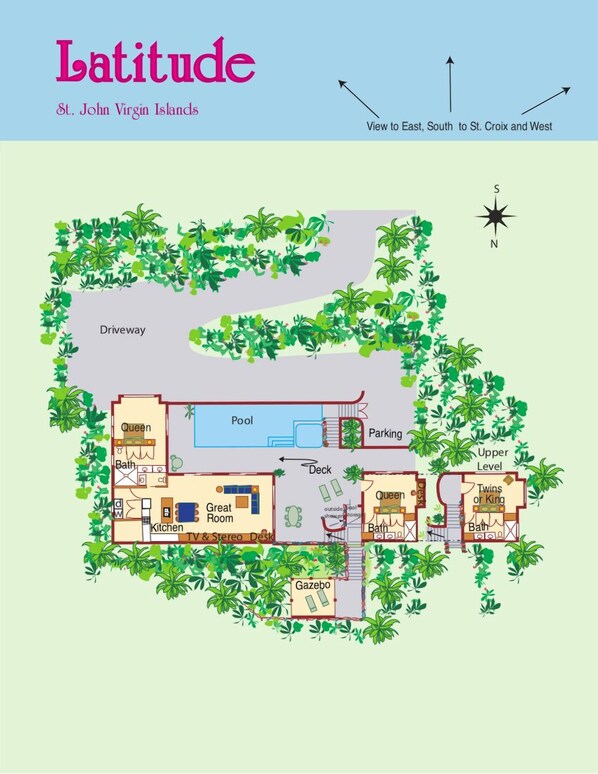 Plan d’étage de la propriété Latitude, située à St. John, îles Vierges, comprenant une piscine, une grande pièce à vivre, une salle de bain avec baignoire et un kiosque.