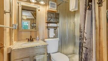 Shower, hair dryer, towels, shampoo