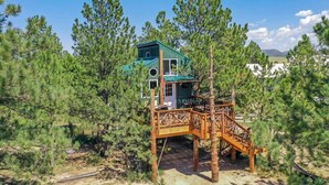 A treehouse with a green roof and wooden deck, surrounded by pine trees. - Mountainside Tree House Retreat (Larkspur)