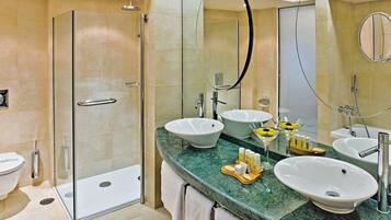 Shower, hair dryer, bidet, towels