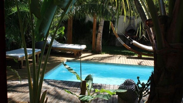 A pool with lounge chairs, surrounded by tropical plants and a wooden deck. - Yuca-Spa  Studio de charme & spa-jacuzzi (Saint Paul)