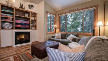 Una Smart TV, una chimenea, videojuegos, un reproductor de DVD