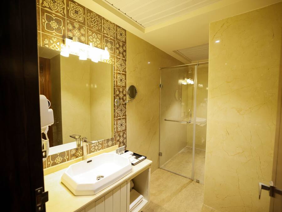 Une salle de bain avec un grand miroir, un lavabo et un espace douche.