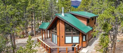 Une cabane dotée d’un toit végétalisé, de grandes fenêtres et d’une terrasse.