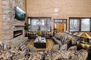 TV, fireplace, video games, foosball