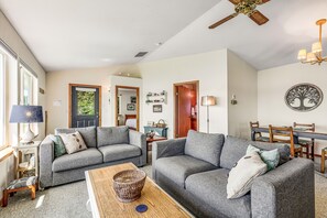 Een televisie, een open haard, boeken en een filmbibliotheek