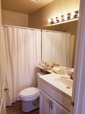Combined shower/bathtub, hair dryer, towels, soap