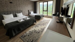 Une chambre d’hôtel avec deux lits, un bureau avec une bouilloire, une télévision et une grande fenêtre donnant sur un beau paysage.