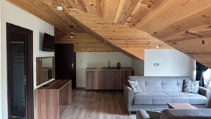 Un espace de vie moderne de style loft, avec un plafond en bois, un coin cuisine, un canapé gris et un téléviseur fixé au mur.